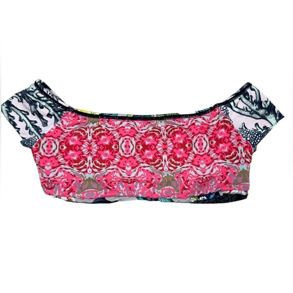 Maaji Swimwear Pink & Grey Tropical Print Reversible Off Shoulder Bikini Top - Picture 2 of 6